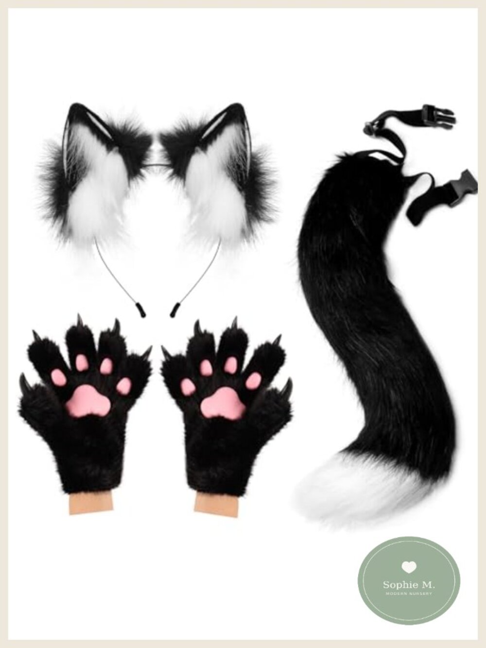 Faux Fur Fox Wolf Ears Headband Tail Cat Paw Mittens Costume Accessory Set